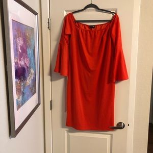 Orange Bardot style dress with slight bell sleeve